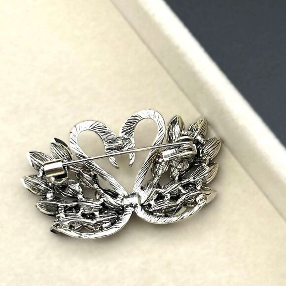 Silver with Gray and Black Onyx Crystal Kissing Swan Duo Pin Back Brooch - Picture 5 of 7